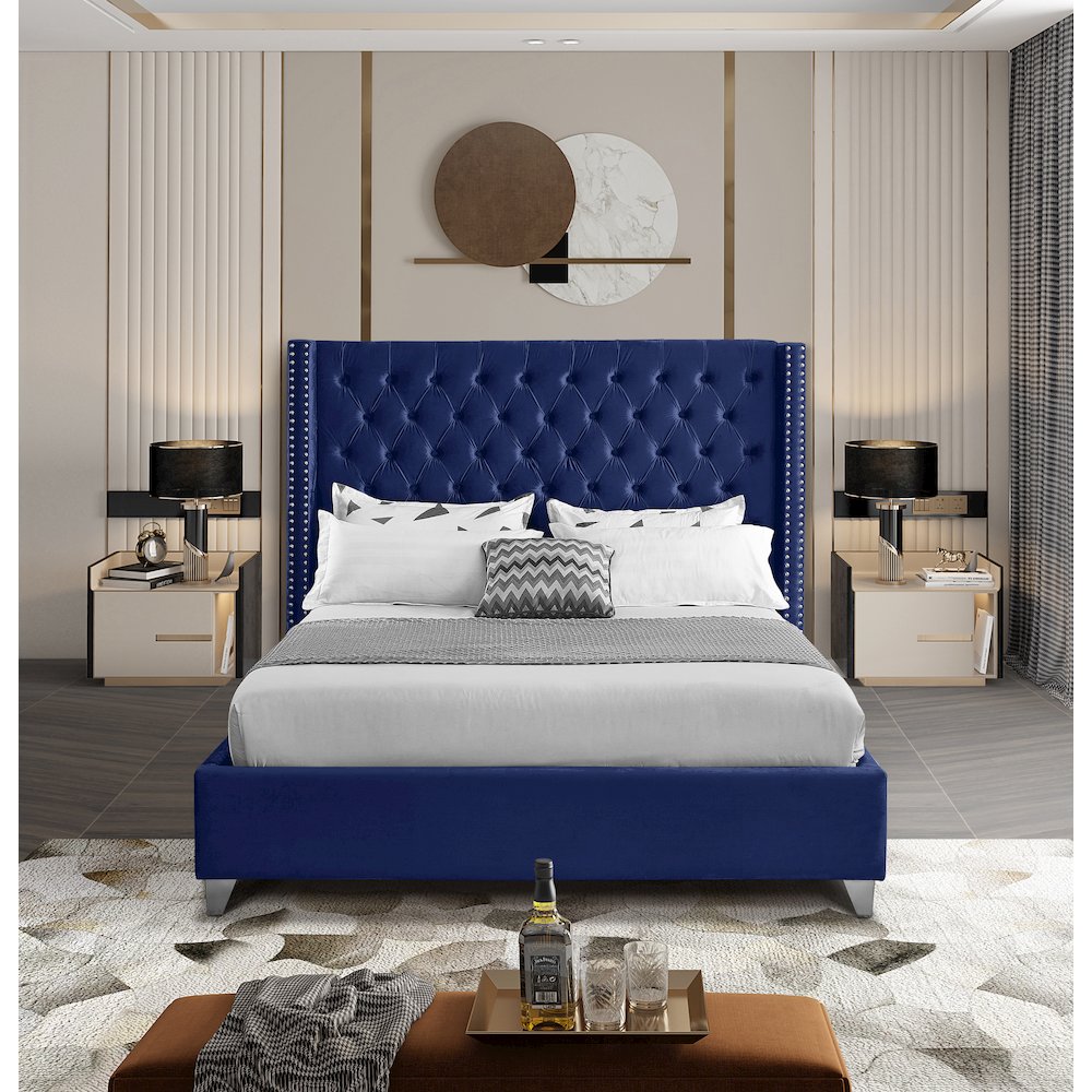 Aiden Navy Velvet Queen Bed