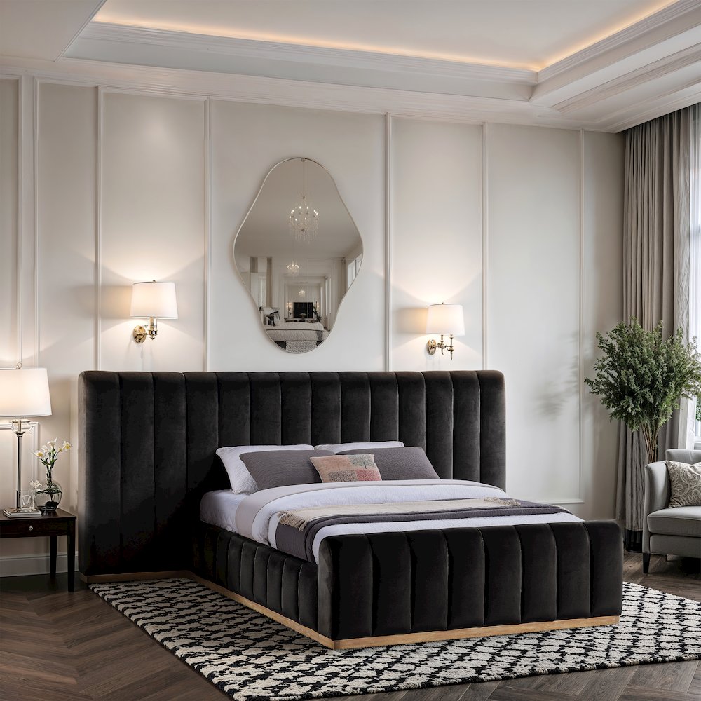 Amara Black Velvet Upholstered Queen Bed