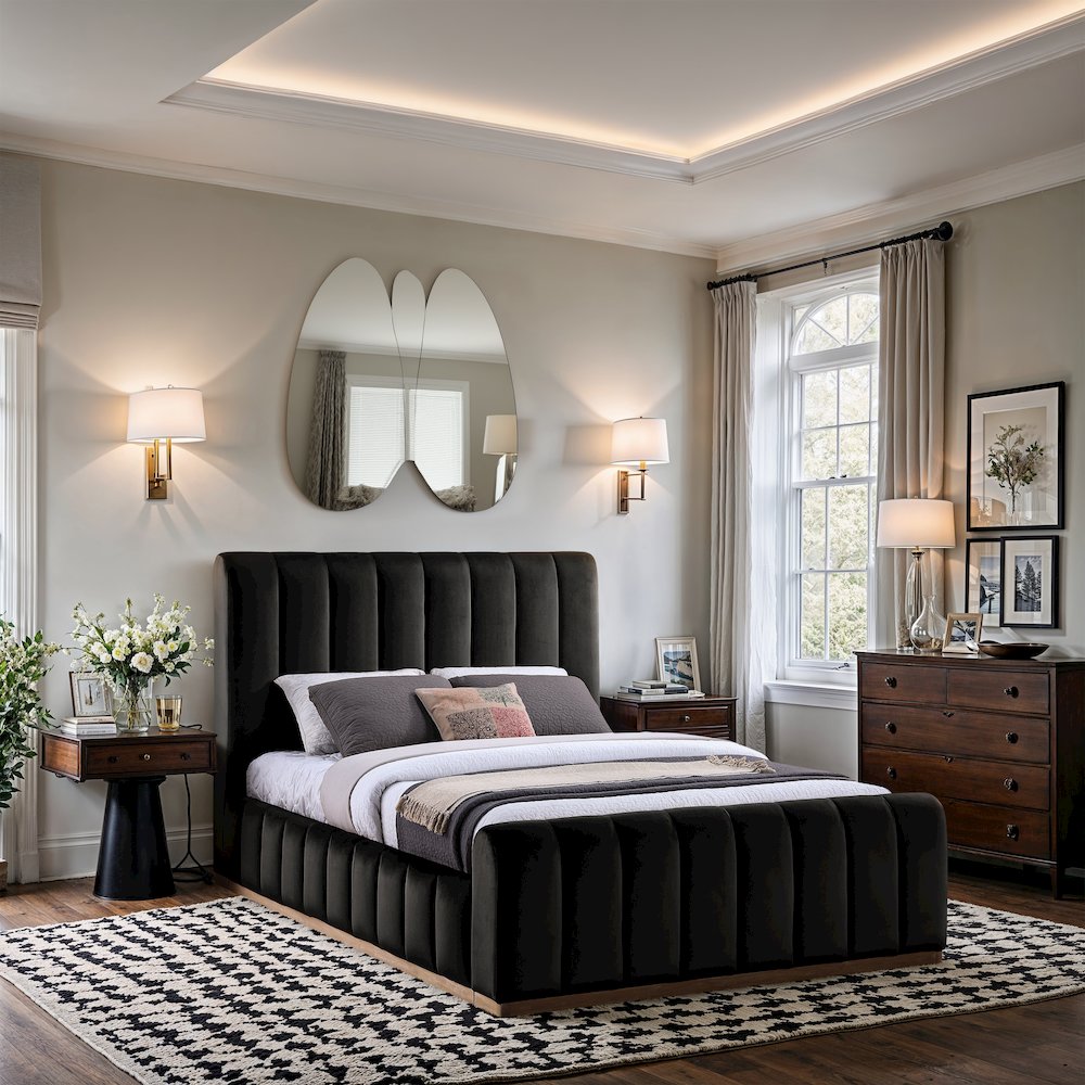 Amara Black Velvet Upholstered Queen Bed