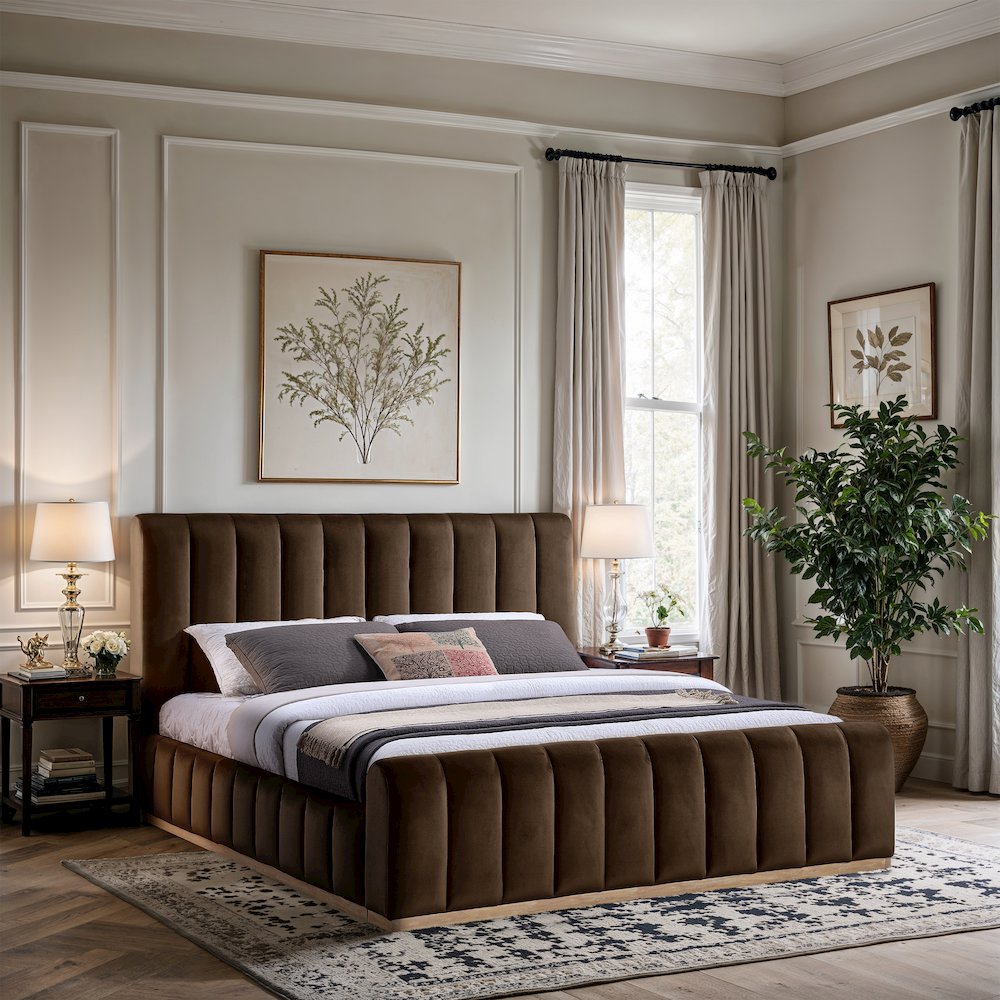 Amara Brown Velvet Upholstered King Bed