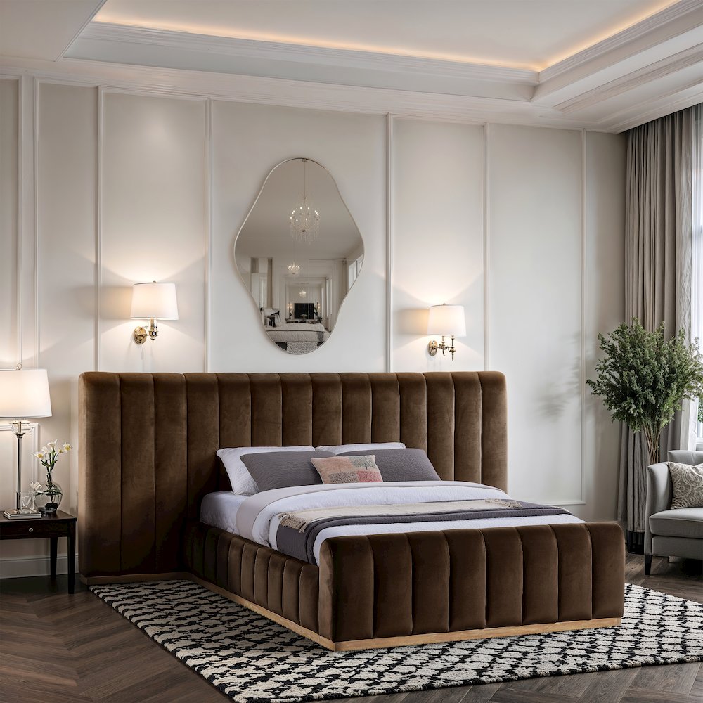 Amara Brown Velvet Upholstered Queen Bed