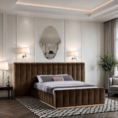 Amara Brown Velvet Upholstered Queen Bed