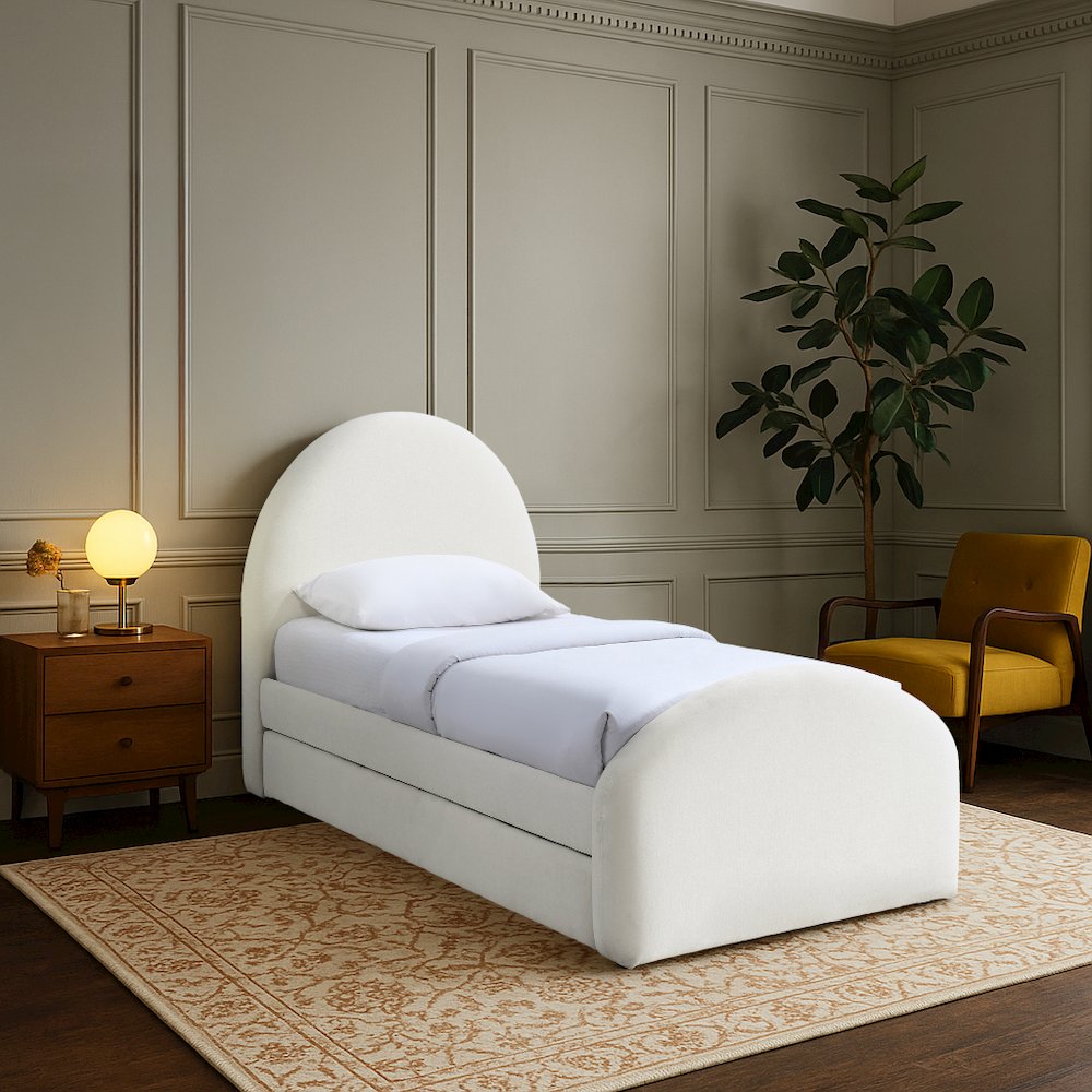 Andaz Cream Chenille Fabric Upholstered Twin Trundle Bed