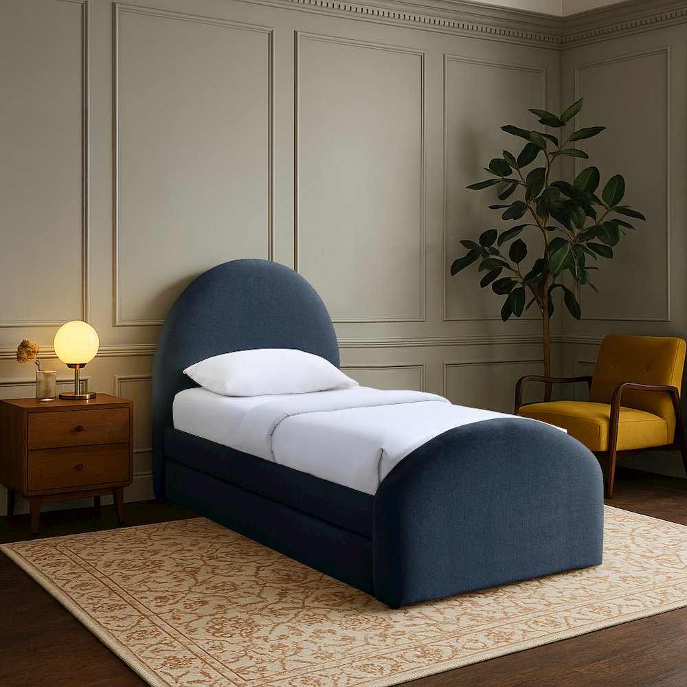 Andaz Navy Chenille Fabric Upholstered Twin Trundle Bed