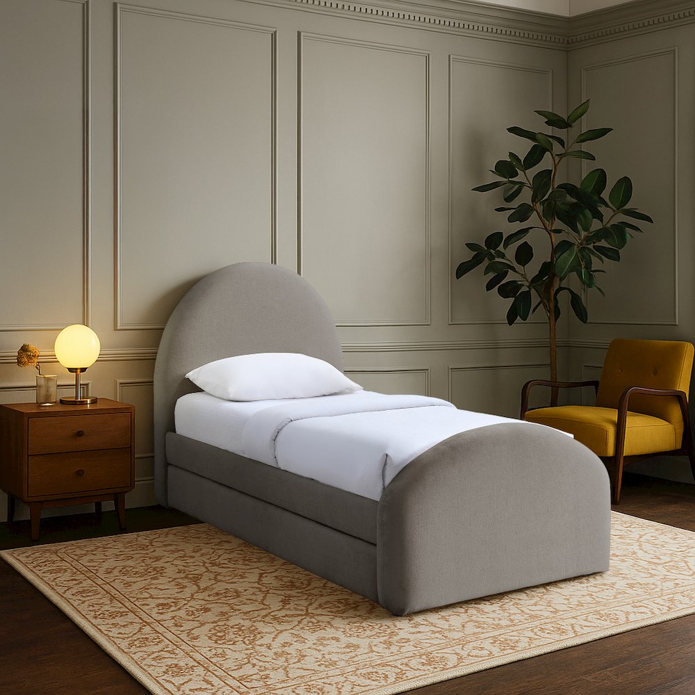 Andaz Taupe Chenille Fabric Upholstered Twin Trundle Bed