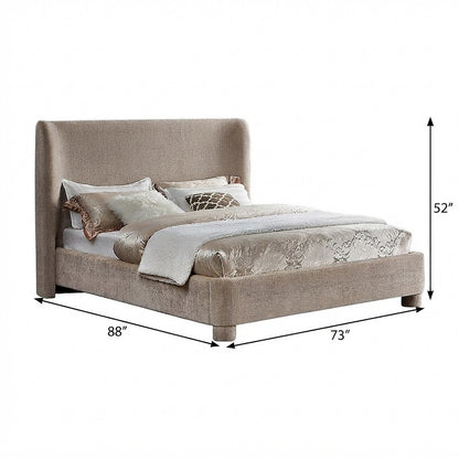 Queen Platform Bed with Curved Wingback Headboard, Beige Chenille Fabric