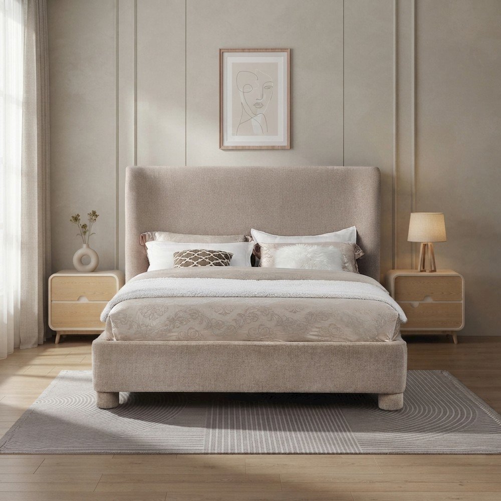 Queen Platform Bed with Curved Wingback Headboard, Beige Chenille Fabric