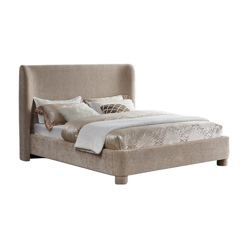Queen Platform Bed with Curved Wingback Headboard, Beige Chenille Fabric