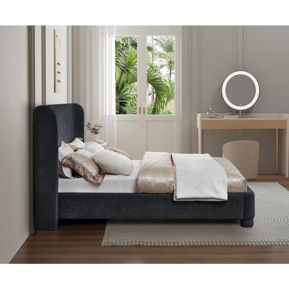 Penny Black Chenille Fabric King Bed
