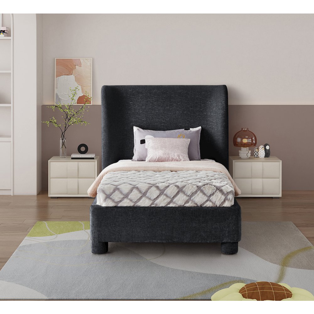 Penny Black Chenille Fabric Twin Bed