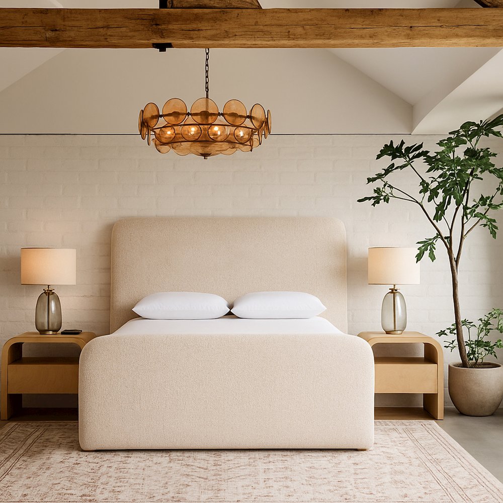 Fira Beige Linen Textured Fabric Upholstered King Bed