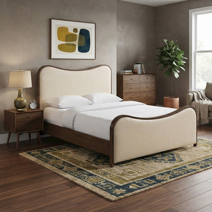 King Bed Frame with Curved Headboard, Brown Walnut Brushed