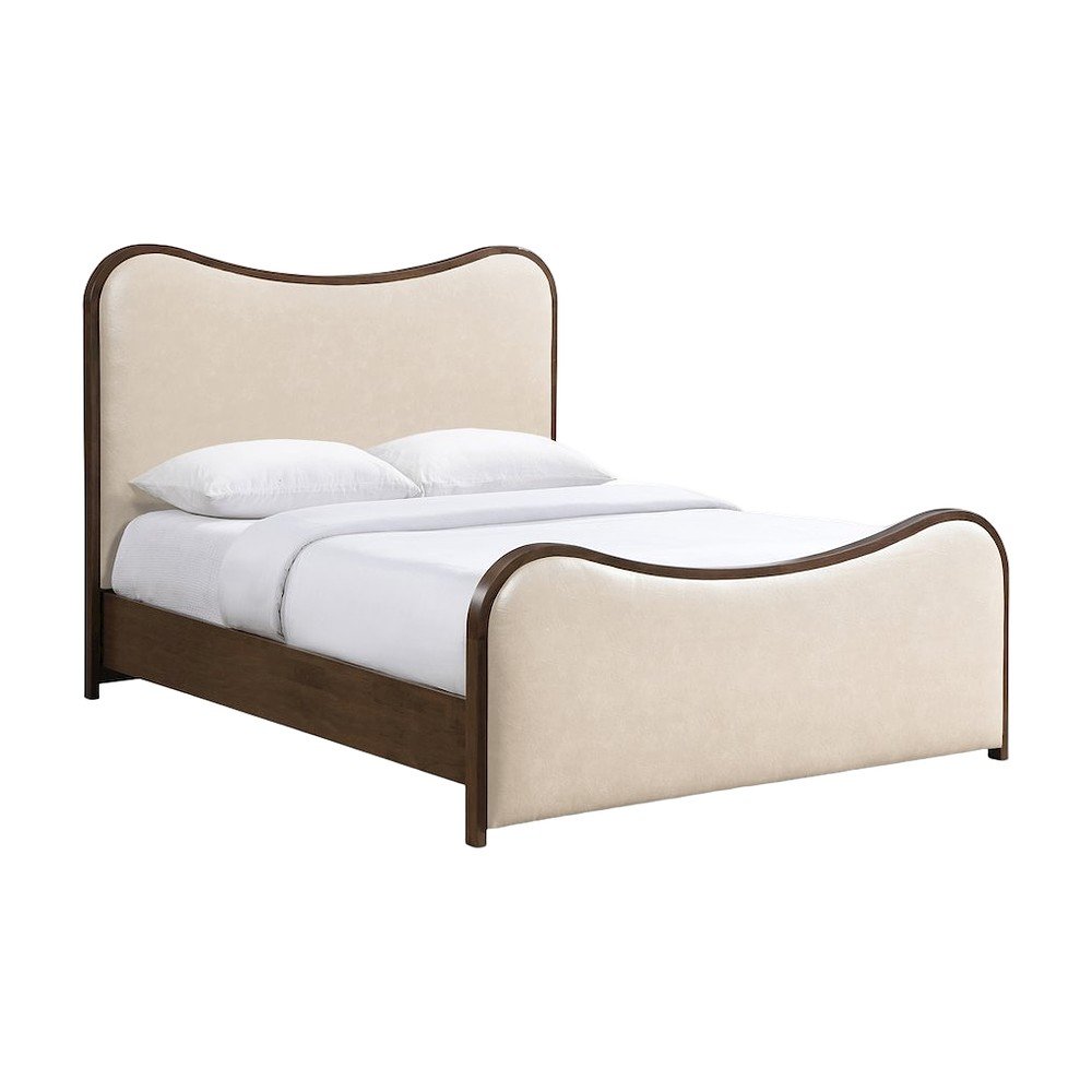 King Bed Frame with Curved Headboard, Brown Walnut Brushed