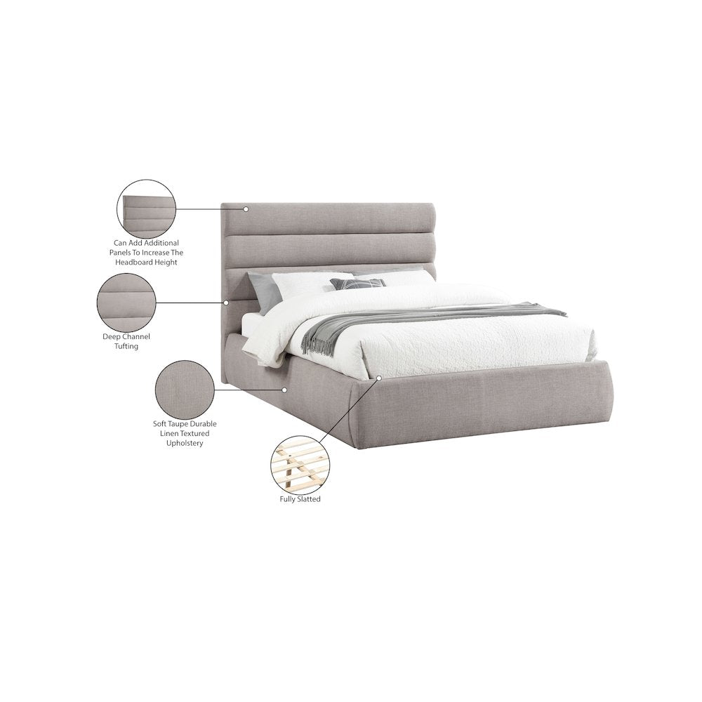 Adam Taupe Linen Textured Fabric Queen Bed