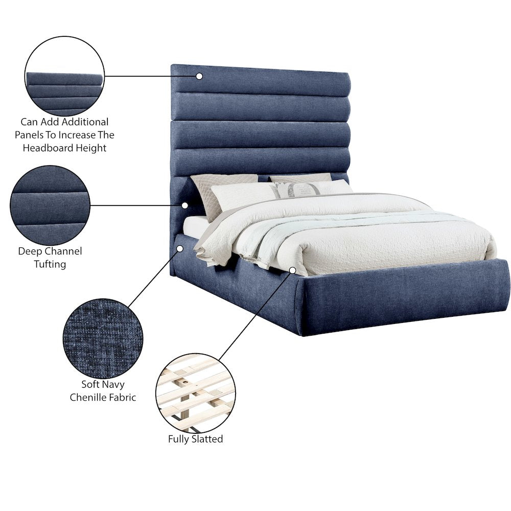 Adam Navy Chenille Fabric Queen Bed