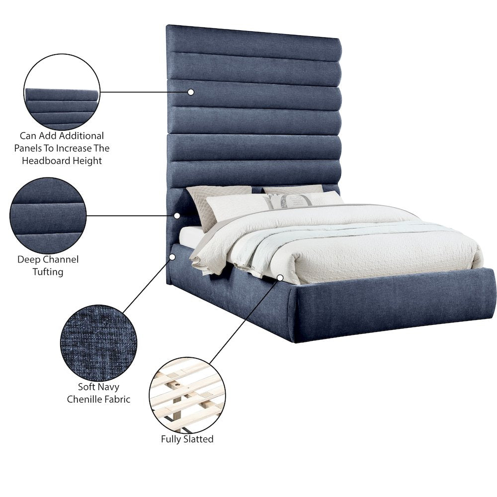 Adam Navy Chenille Fabric Queen Bed