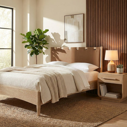 Santos Brown Vegan Leather Headboard And Wood Queen Bed