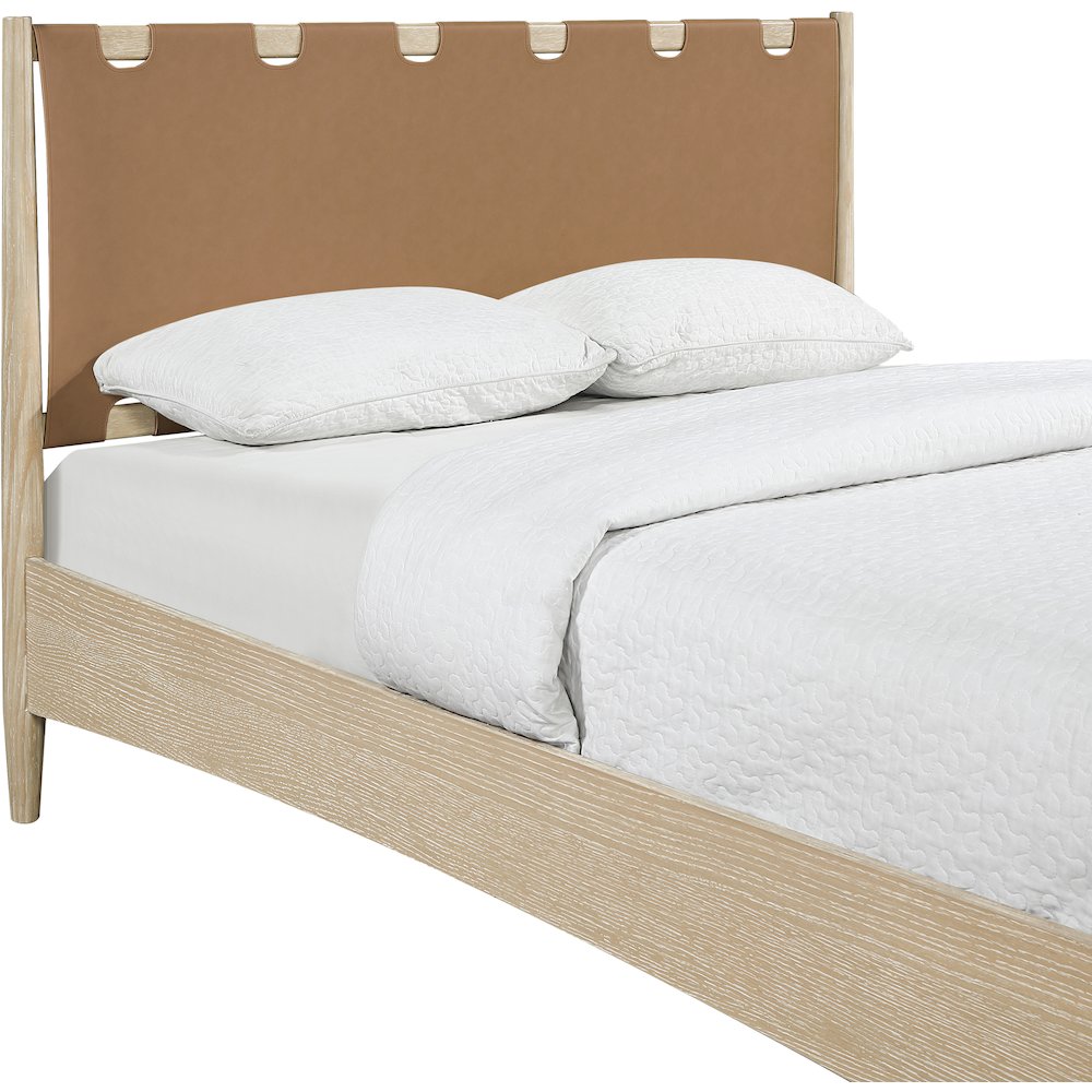 Santos Brown Vegan Leather Headboard And Wood Queen Bed