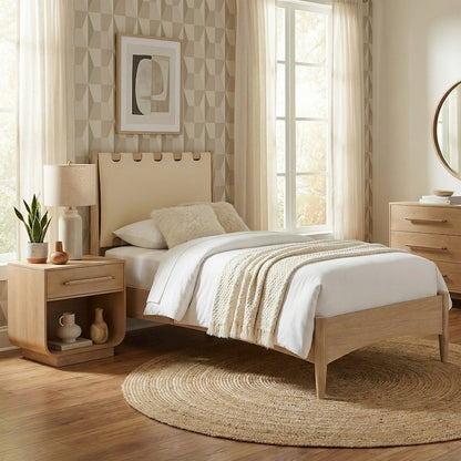 Santos Cream Vegan Leather Headboard And Wood Twin Bed