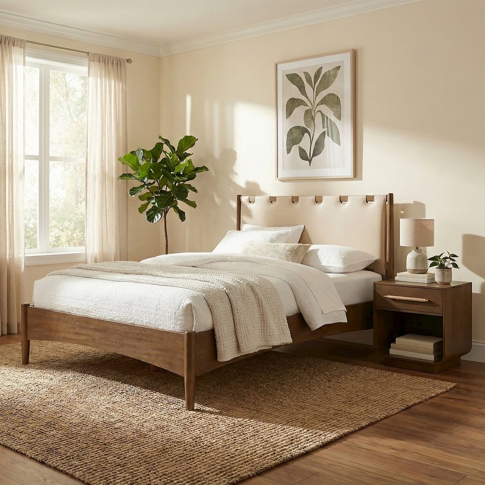 Santos Beige Vegan Leather Headboard And Wood Full Bed