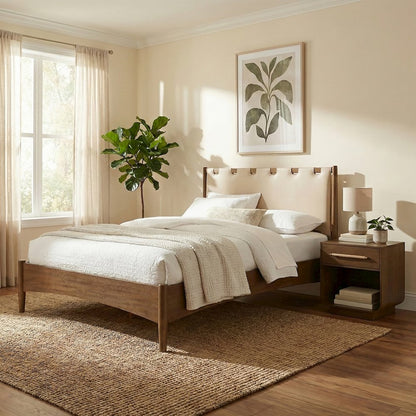 Santos Beige Vegan Leather Headboard And Wood Queen Bed