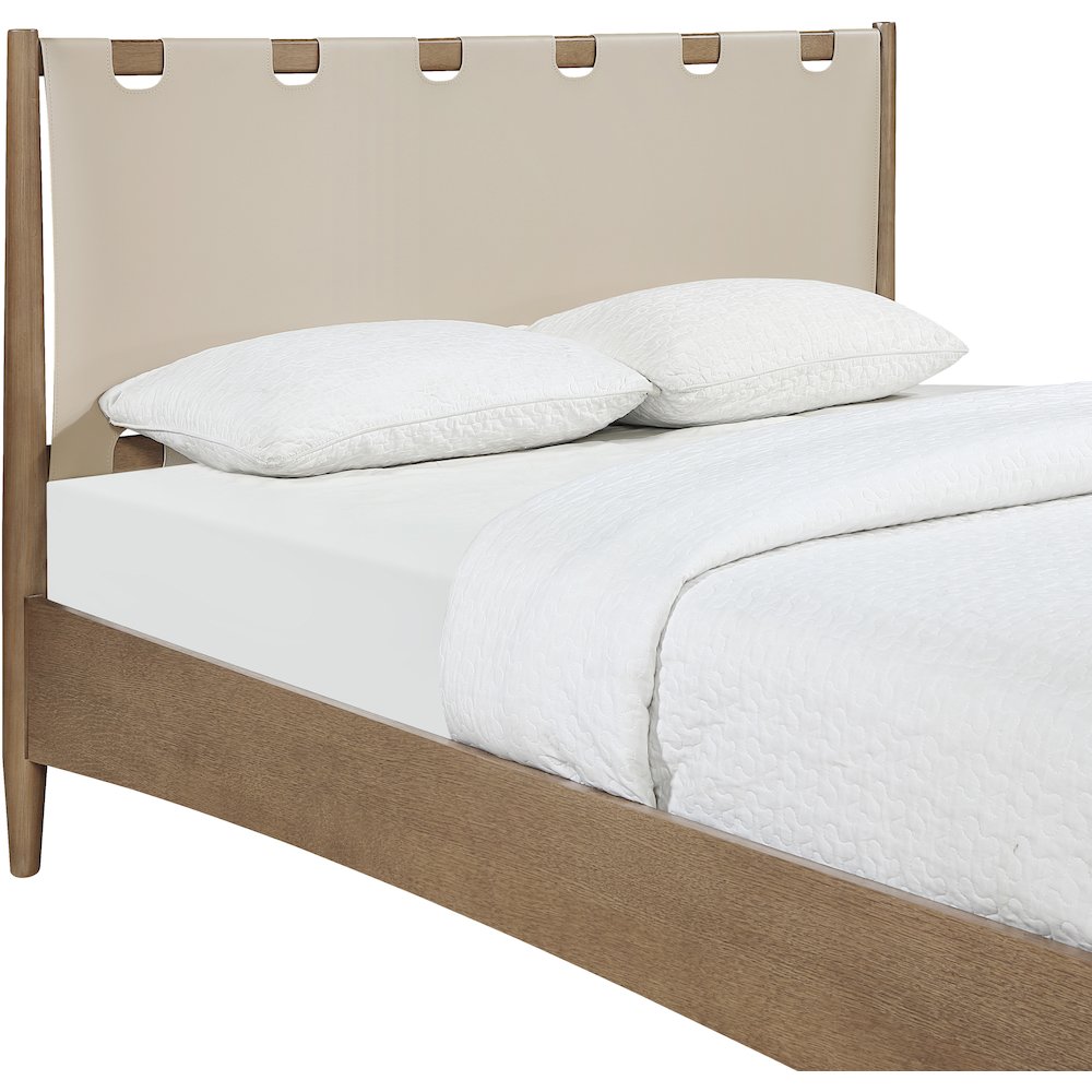 Santos Beige Vegan Leather Headboard And Wood Queen Bed