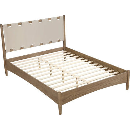 Santos Beige Vegan Leather Headboard And Wood Queen Bed