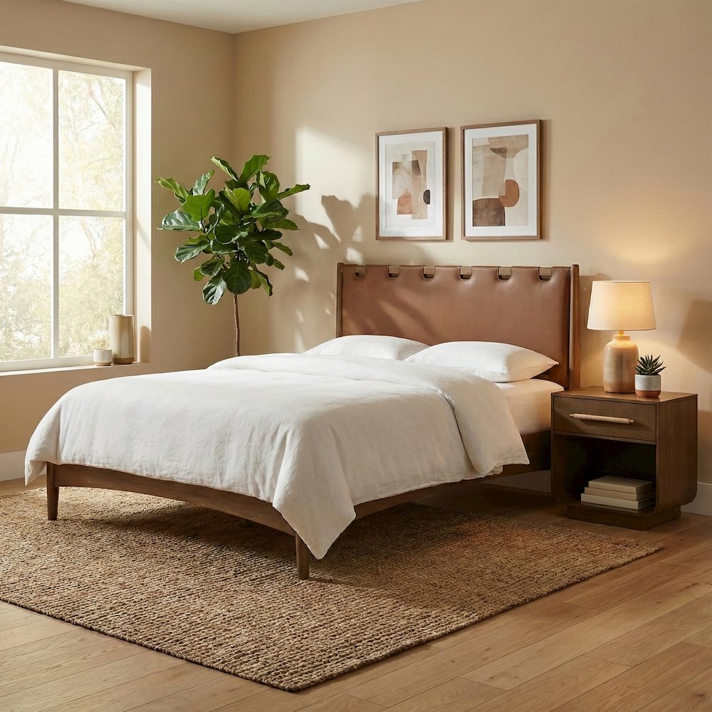 Santos Brown Vegan Leather Headboard And Wood King Bed