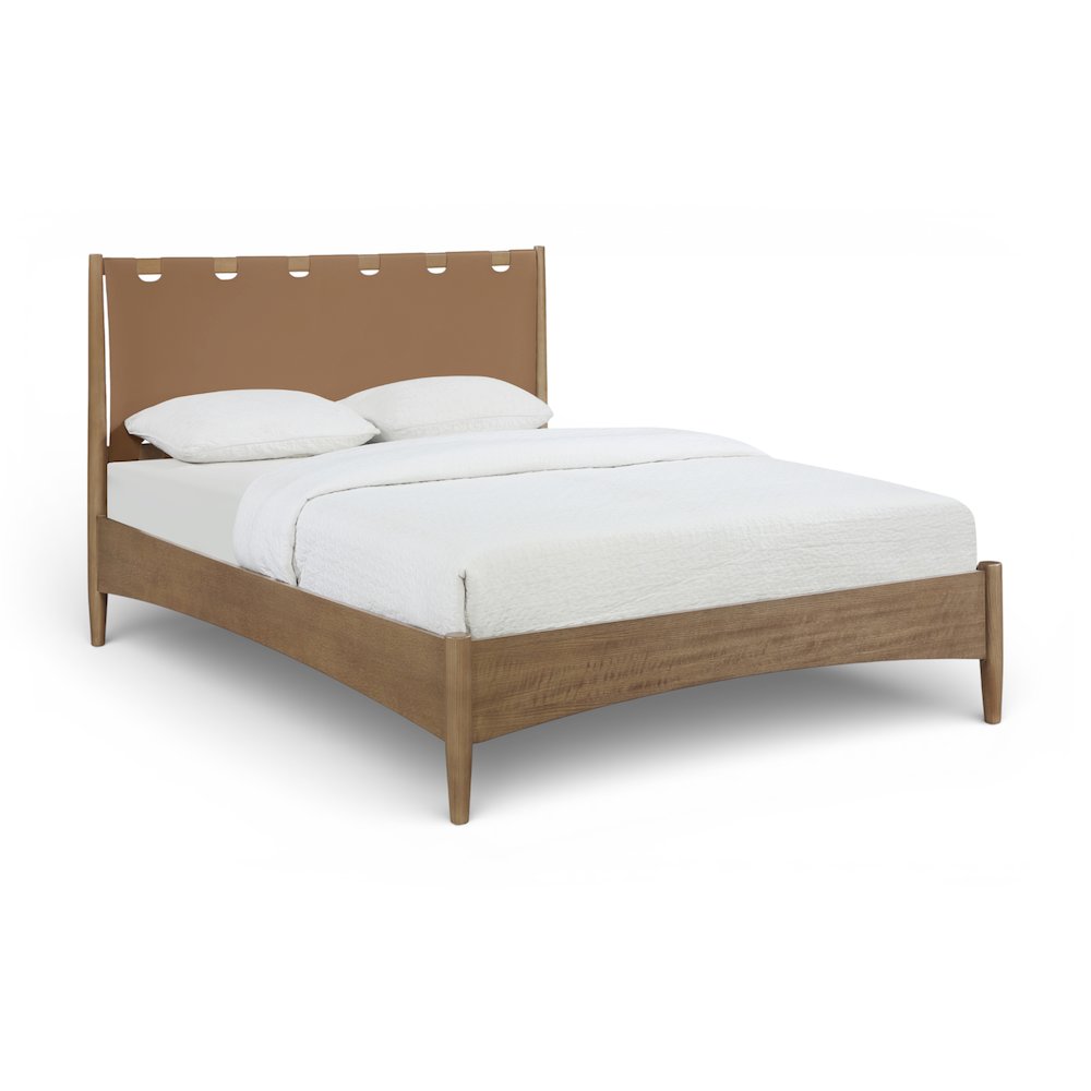 Santos Brown Vegan Leather Headboard And Wood Queen Bed