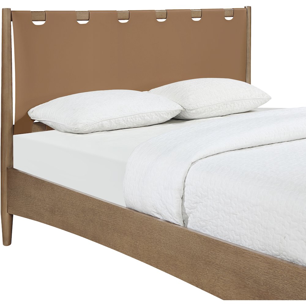 Santos Brown Vegan Leather Headboard And Wood Queen Bed