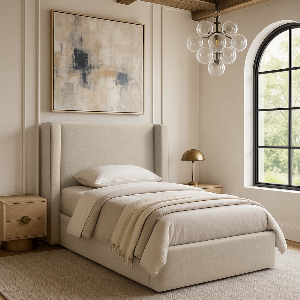 Kendall Beige Linen Textured Fabric Upholstered Twin Bed