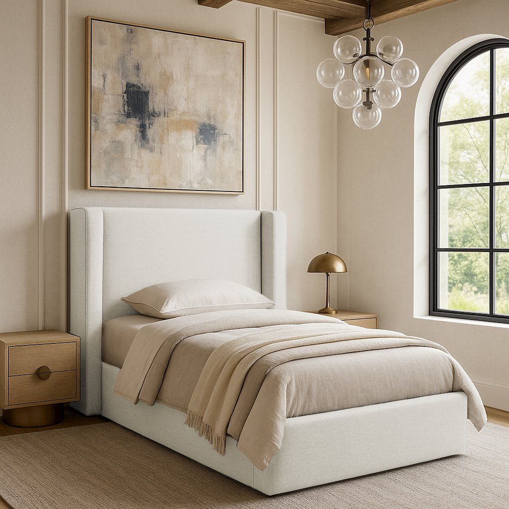 Kendall Cream Linen Textured Fabric Upholstered Twin Bed