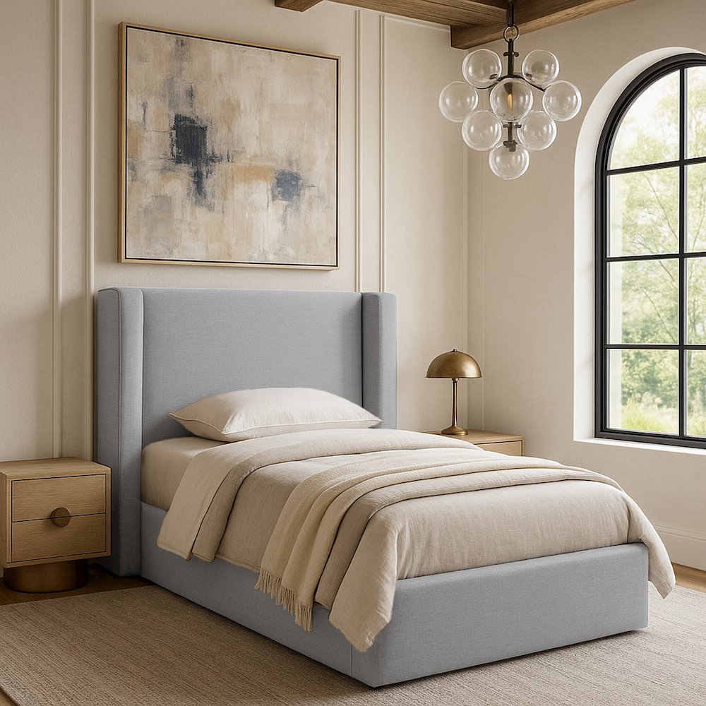 Kendall Grey Linen Textured Fabric Upholstered Twin Bed