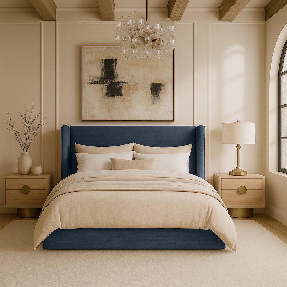 Kendall Navy Linen Textured Fabric Upholstered Queen Bed