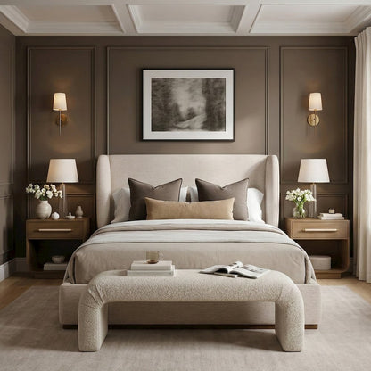 Aurin Beige Linen Textured Fabric Upholstered King Bed