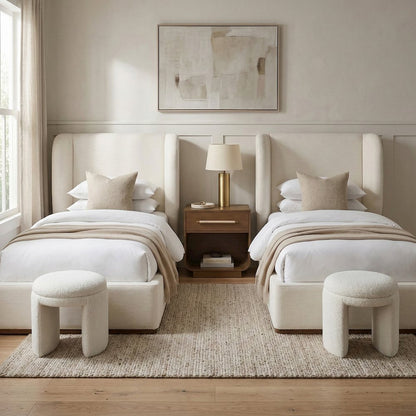 Aurin Cream Linen Textured Fabric Upholstered Twin Bed