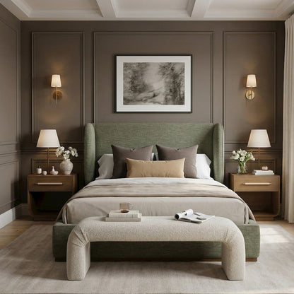 Aurin Olive Green Linen Textured Fabric Upholstered King Bed