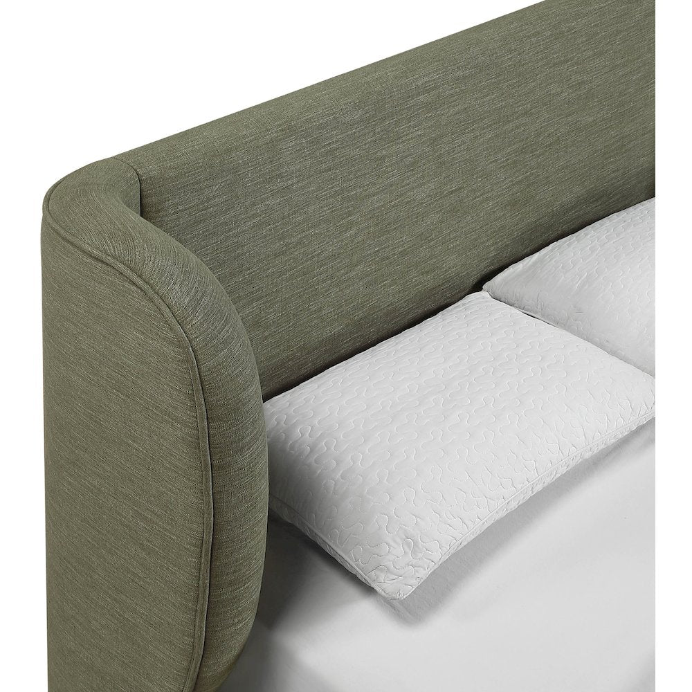 Aurin Olive Green Linen Textured Fabric Upholstered King Bed