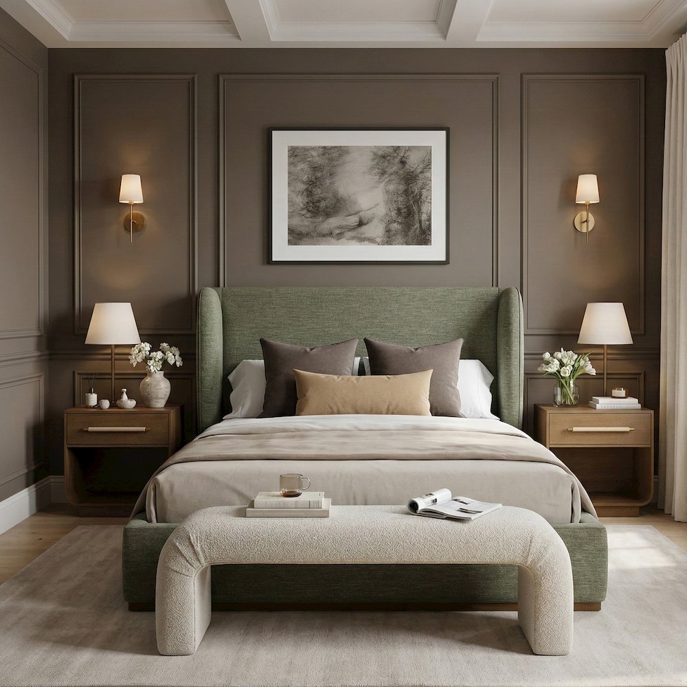 Aurin Olive Green Linen Textured Fabric Upholstered Queen Bed