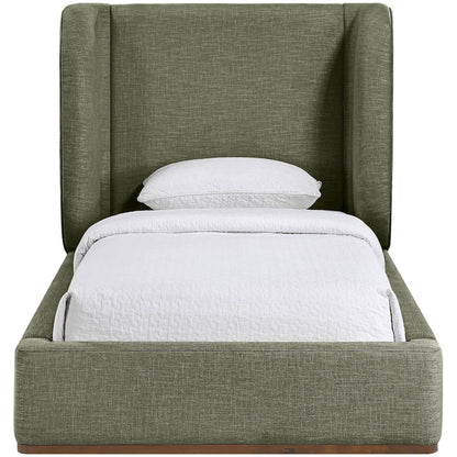 Aurin Olive Green Linen Textured Fabric Upholstered Twin Bed