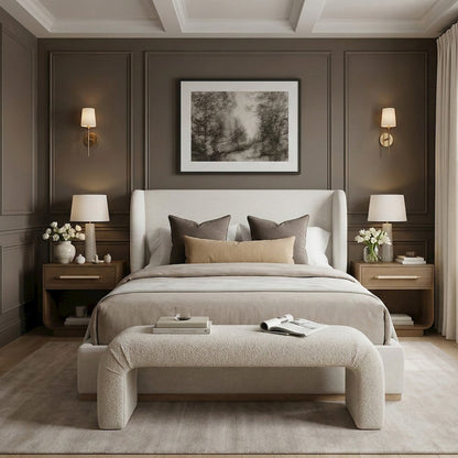 Aurin Cream Linen Textured Fabric Upholstered King Bed