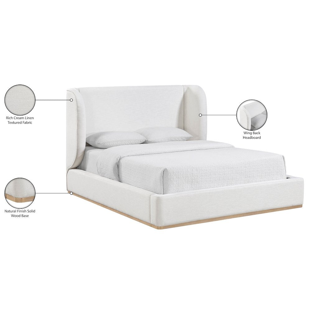 Aurin Cream Linen Textured Fabric Upholstered Queen Bed