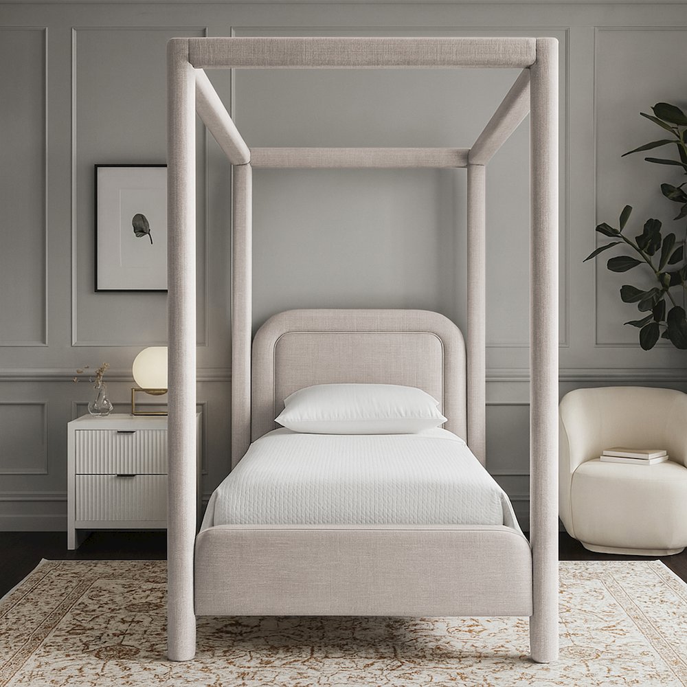 Salina Beige Linen Textured Fabric Upholstered Twin Bed