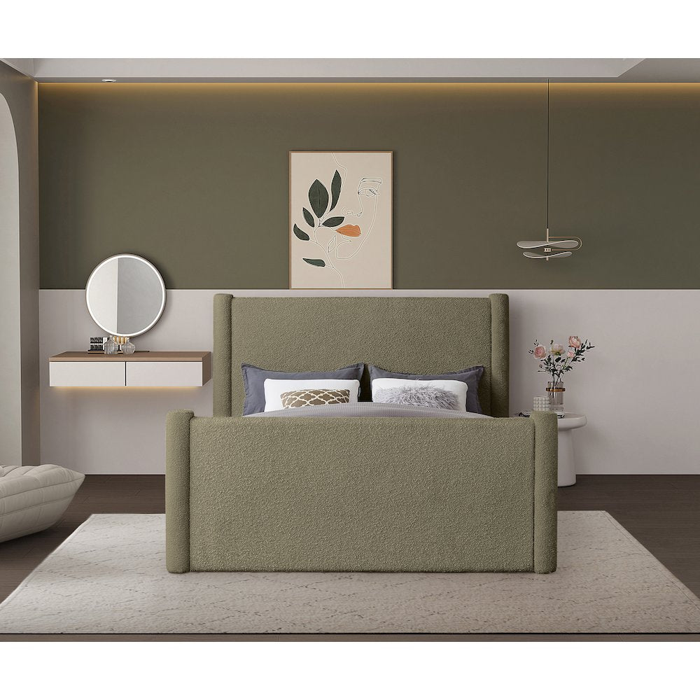 Elias Olive Green Boucle Fabric Queen Bed