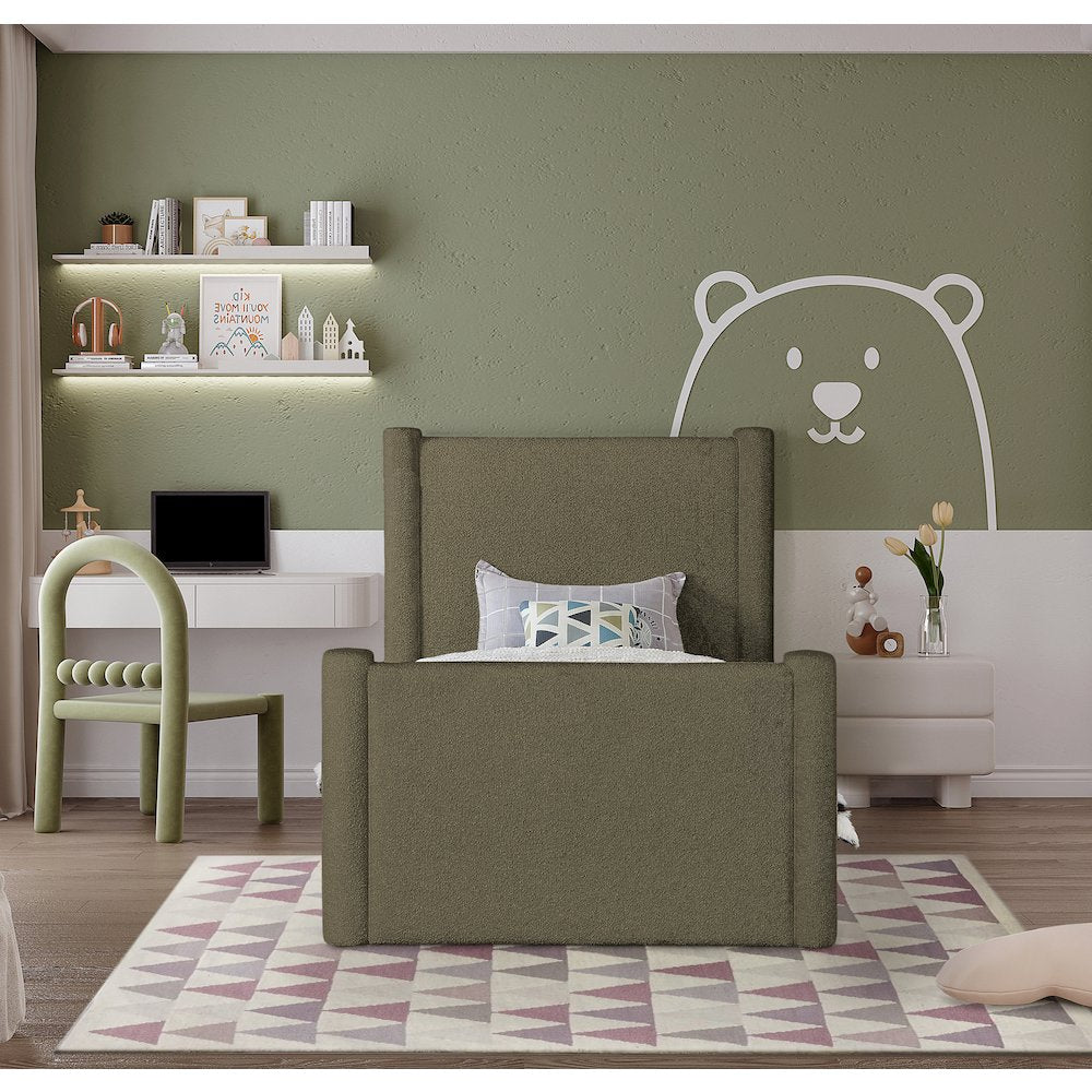 Elias Olive Green Boucle Fabric Twin Bed