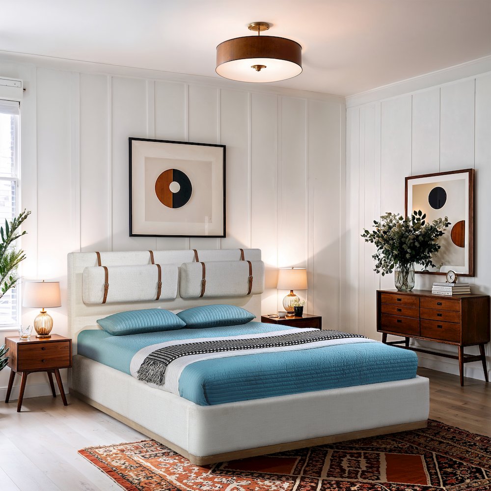 Bennet Cream Linen Textured Fabric Upholstered Queen Bed