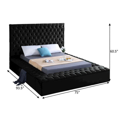 Fully Upholstered Velvet Platform Bed with Tufted Headboard, Black Velvet