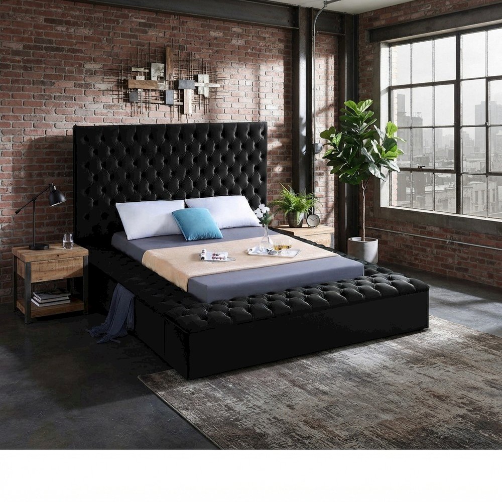 Fully Upholstered Velvet Platform Bed with Tufted Headboard, Black Velvet