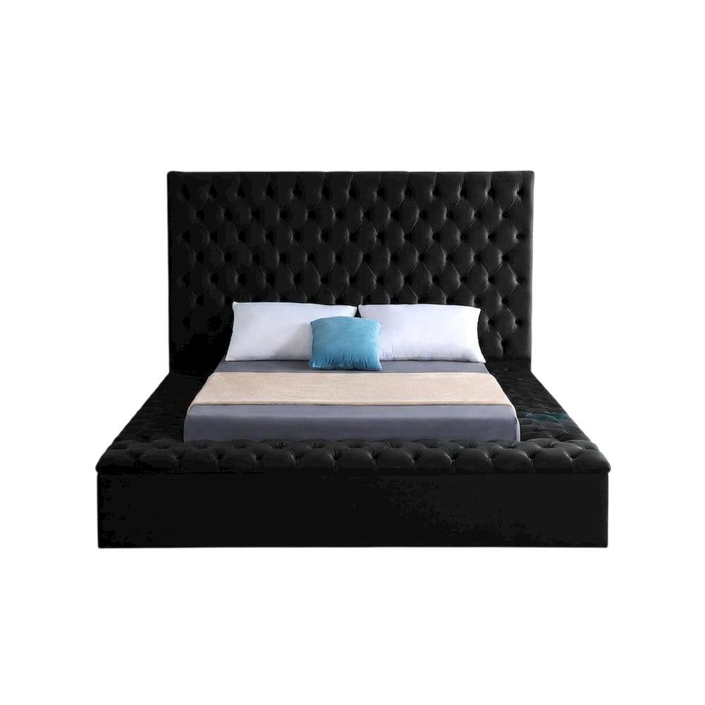 Fully Upholstered Velvet Platform Bed with Tufted Headboard, Black Velvet