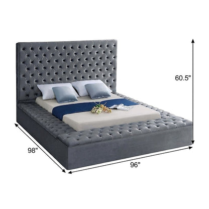 Fully Upholstered Velvet Platform Bed with Tufted Headboard, Grey Velvet, King